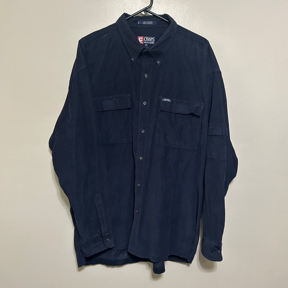 Chaps Ralph Lauren Button Down XXL Navy Blue Corduroy Pockets Long Sleeve Logo